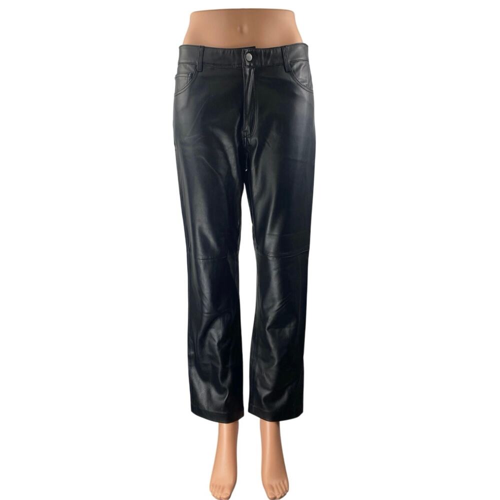 MNG Mango Womens Black Faux Vegan Leather High Waist Straight Trousers Pants 38